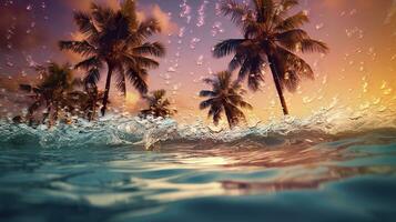 ai généré plage avec vagues et noix de coco des arbres à le coucher du soleil. génératif ai photo