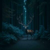 ai généré une gros cerf avec brûlant bois sur une chemin de fer Piste dans une hiver paysage photo