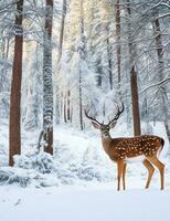 ai généré magnifique rouge cerf cerf dans neige couvert hiver forêt paysage photo