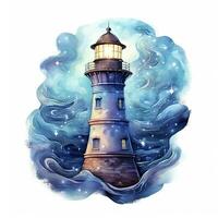 ai généré phare à côté de le mer à nuit. aquarelle pour T-shirt conception. ai généré photo