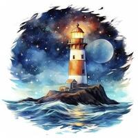 ai généré phare à côté de le mer à nuit. aquarelle pour T-shirt conception. ai généré photo