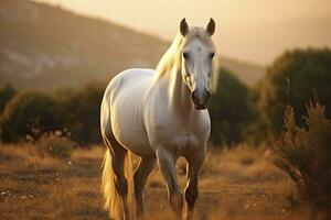 ai généré blanc cheval ou jument dans le montagnes à le coucher du soleil. ai généré photo