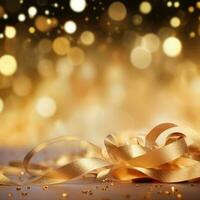 ai généré d'or flou Contexte avec une bokeh effet, confettis, et d'or rubans. un abstrait luxueux de fête toile de fond. génératif ai. photo