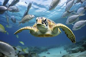 ai généré tortue fermer avec école de poisson. ai généré photo