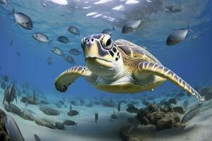 ai généré tortue fermer avec école de poisson. ai généré photo