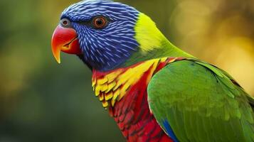 ai généré côté vue fermer de magnifique et coloré Lorikeet vert nuque oiseau. génératif ai photo