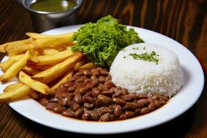 ai généré riz, haricots, français frites, et Viande. génératif ai photo