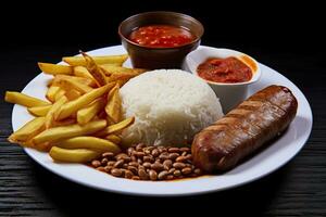 ai généré riz, haricots, français frites, et Viande. génératif ai photo