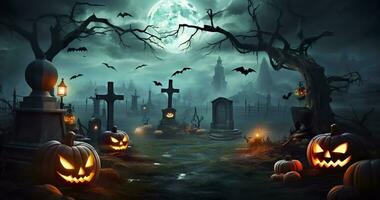 ai généré citrouilles dans cimetière dans le effrayant nuit, Halloween toile de fond. génératif ai photo
