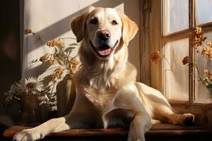 ai généré portrait de une blanc Labrador retriever sur une beige neutre arrière-plan, tondu photo, Naturel lumière. ai art photo