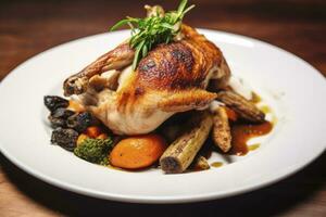 ai généré plaqué poulet rôti dîner sur une blanc assiette avec carotte et morille champignon. ai généré. photo