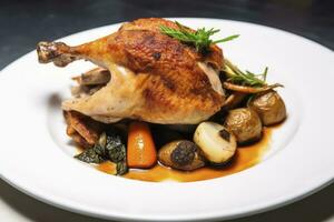 ai généré plaqué poulet rôti dîner sur une blanc assiette avec carotte et morille champignon. ai généré. photo