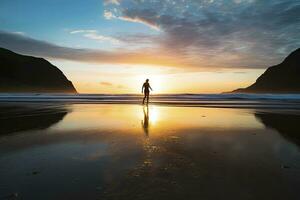 ai généré une la personne en marchant sur le plage à le coucher du soleil. ai généré. photo