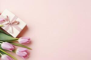 ai généré de la mère journée concept. rose cadeau boîte avec ruban arc et une bouquet de tulipes. ai généré photo