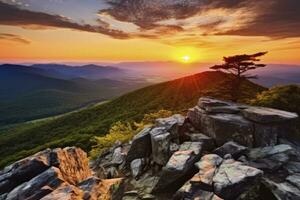 ai généré le coucher du soleil sur Montagne. photo