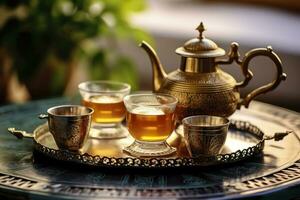 ai généré traditionnel marocain thé ensemble avec décoratif théières, lunettes, et menthe feuilles. génératif ai photo