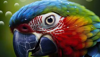 ai généré tropical ara perché, vibrant plumes dans se concentrer. génératif ai photo