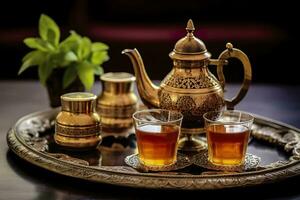 ai généré traditionnel marocain thé ensemble avec décoratif théières, lunettes, et menthe feuilles. génératif ai photo