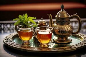 ai généré traditionnel marocain thé ensemble avec décoratif théières, lunettes, et menthe feuilles. génératif ai photo