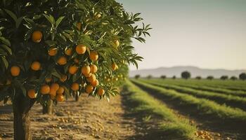 ai généré un Orange arbre est dans le premier plan avec une ferme champ Contexte. génératif ai photo