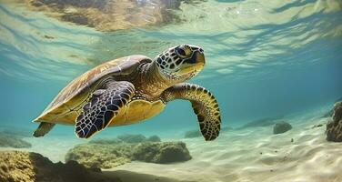 ai généré photo de mer tortue dans le galapagos île. génératif ai