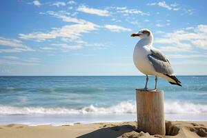 ai généré mouette sur le plage en dessous de bleu ciel. photo