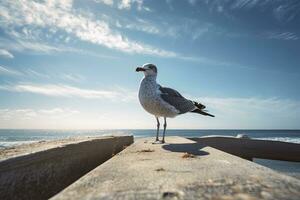 ai généré mouette sur le plage en dessous de bleu ciel. photo