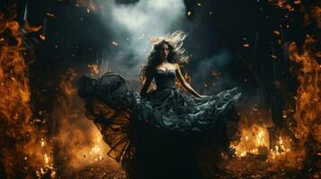 ai généré magnifique Jeune femme dans une noir robe dansant dans le Feu flamme. photo