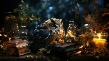 ai généré hibou séance sur vieux livres et en lisant. Fée conte concept. photo