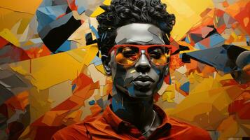 ai généré illustration de une noir homme avec étrange coiffure et des lunettes de soleil, art peindre portrait de africain personnes. photo