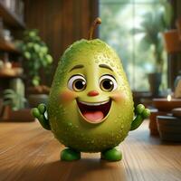 ai généré 3d réaliste dessin animé mignonne Avocat fruit photo