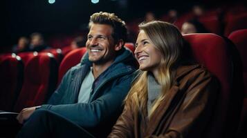 ai généré de bonne humeur couple ayant une agréable journée dans le film théâtre. génératif ai photo