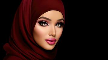 ai généré élégant femme avec vibrant maquillage et rouge foulard sur noir Contexte. génératif ai photo