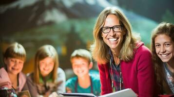 ai généré inspirant femelle prof interagit avec sa étudiants, étincelant leur curiosité. génératif ai photo