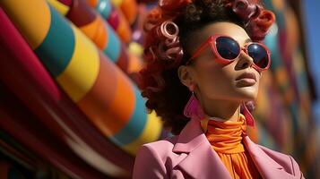 ai généré fashionista femme qui porte élégant vêtements, moderne des lunettes de soleil, et mélanges vibrant rose et Jaune tons dans sa tenue. génératif ai photo