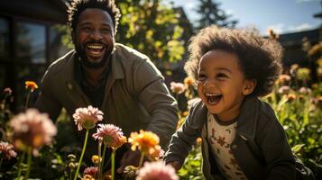 ai généré dans une épanouissement jardin, le père pièces le sien fille gaiement. génératif ai photo