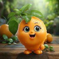 ai généré 3d réaliste dessin animé mignonne Orange fruit photo