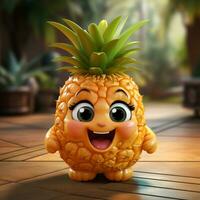 ai généré 3d réaliste dessin animé mignonne ananas fruit photo