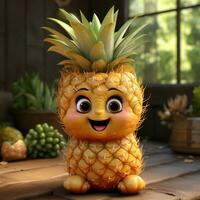 ai généré 3d réaliste dessin animé mignonne ananas fruit photo