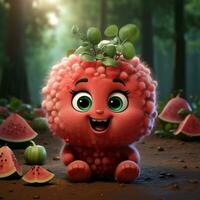 ai généré 3d réaliste dessin animé mignonne pastèque fruit photo