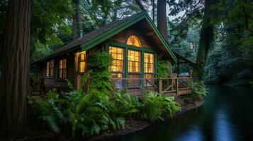 ai généré paisible chalet dans des bois par le lac. génératif ai photo