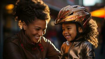 ai généré mère aide sa fille mettre sur une casque avant équitation une vélo. génératif ai photo