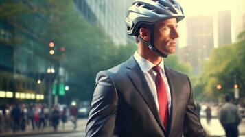 ai généré une homme d'affaire dans une casque des promenades à le sien bicyclette dans de face de le Bureau bâtiment. génératif ai photo