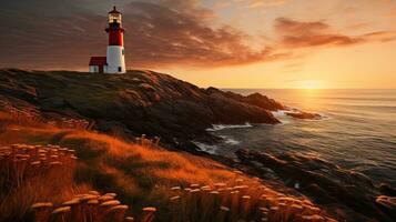 ai généré côtier phare sur robuste falaises à le coucher du soleil. génératif ai photo