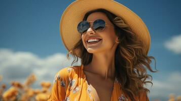 ai généré femme dans paille chapeau profiter été vacances et Soleil. génératif ai photo