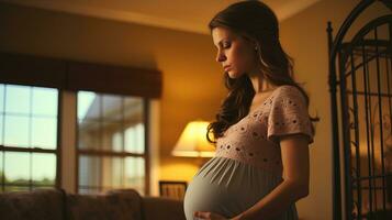 ai généré Enceinte femme exercice doucement dans sa vivant chambre. génératif ai photo