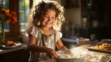 ai généré de bonne humeur Jeune fille cuisiniers avec plaisir et arrose farine dans sa de grand-mère vieux cuisine. génératif ai photo