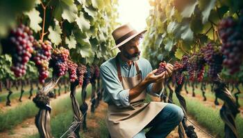 ai généré une vigneron examiner fruit dans préparation pour le récolte saison. génératif ai photo