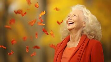 ai généré content vieux femme, immergé dans l'automne, des promenades gaiement par le feuilles. génératif ai photo