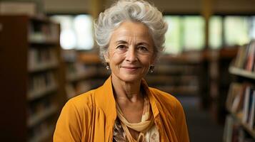 ai généré le vieux femme des stands en toute confiance dans le bibliothèque. génératif ai photo